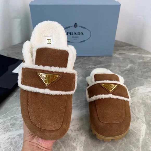 Prada Tan Suede Slippers with White Trim - Picture 4 of 8